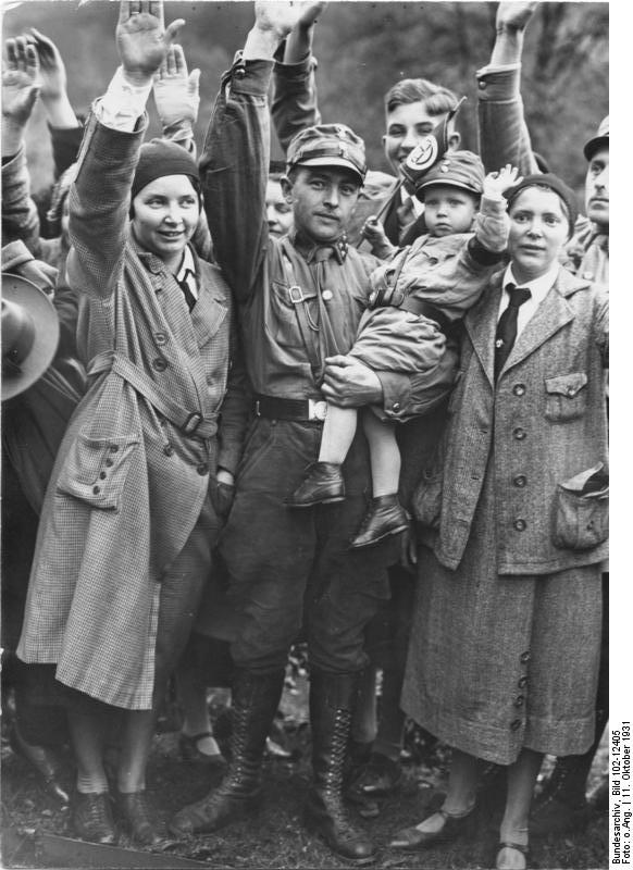 Crowd cheering the Nazi Party parade at Bad Harzburg, Germany, 11 Oct 1931