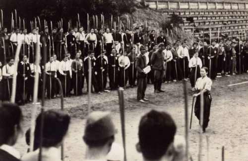 Japanese students being trained as members of a militia unit, Kujukuri Beach, Chiba Prefecture, Japan, early 1945