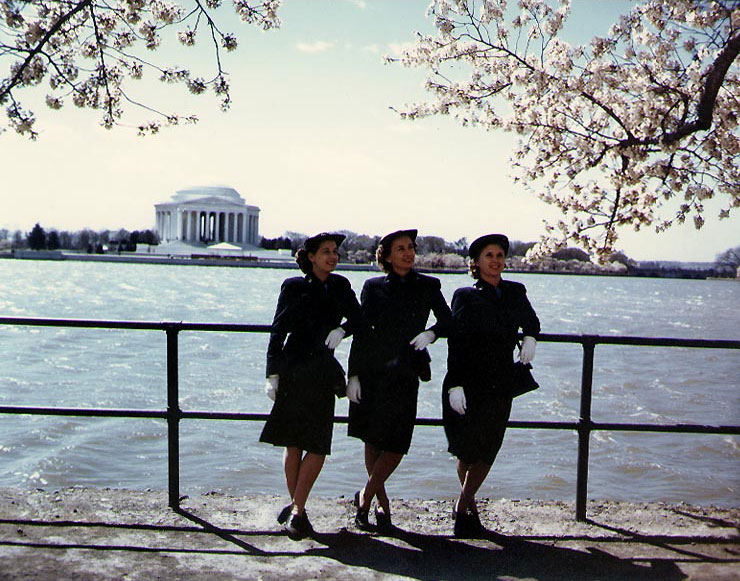 WAVES personnel standing by the north side of the Tidal Basin, overseeing the Jefferson Memorial, Washington, D.C., United States, circa 1943-1945