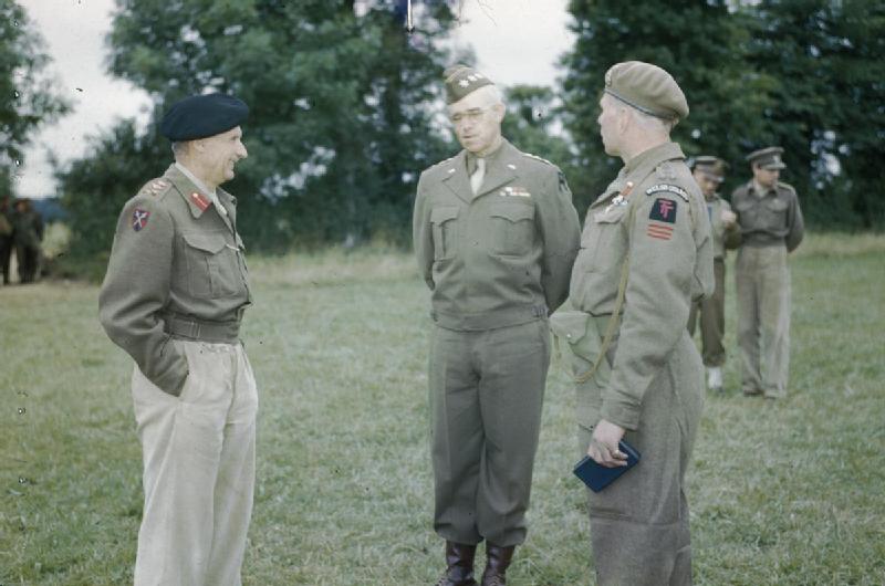 Bernard Montgomery, Omar Bradley, and Brigadier Alexander Stanier at Montgomery's headquarters in Normandie, France, 13 Jul 1944
