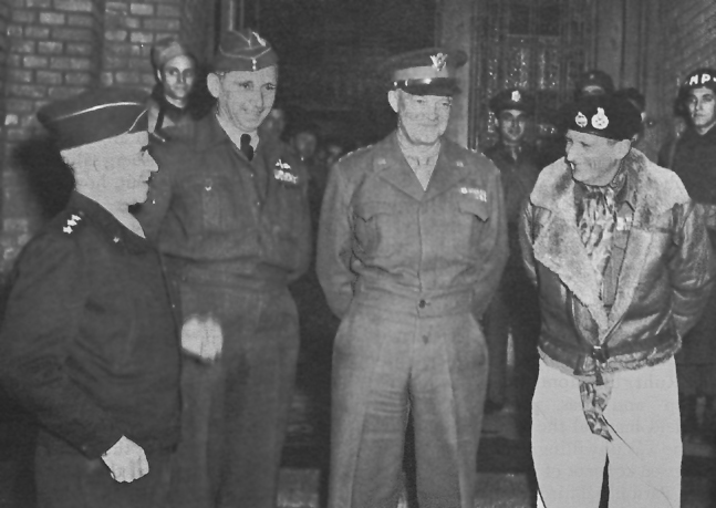 Omar Bradley, Arthur Tedder, Dwight Eisenhower, and Bernard Montgomery at Maastricht, Netherlands, 7 Dec 1944
