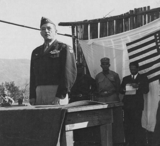 Claire Chennault speaking at a ceremony, 1940s