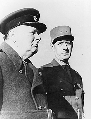 UK Prime Minister Winston Churchill (in his air commodore's uniform) and French General Charles de Gaulle reviewing French soldiers, Marrakesh, Morocco, 13 Jan 1944