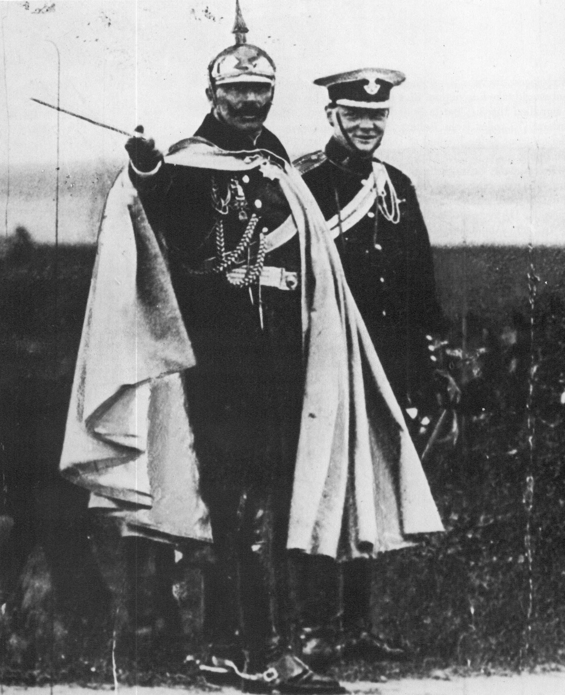 Winston Churchill with German Emperor Wilhelm II observing a military maneuver near Breslau, Silesia, Germany, 1906