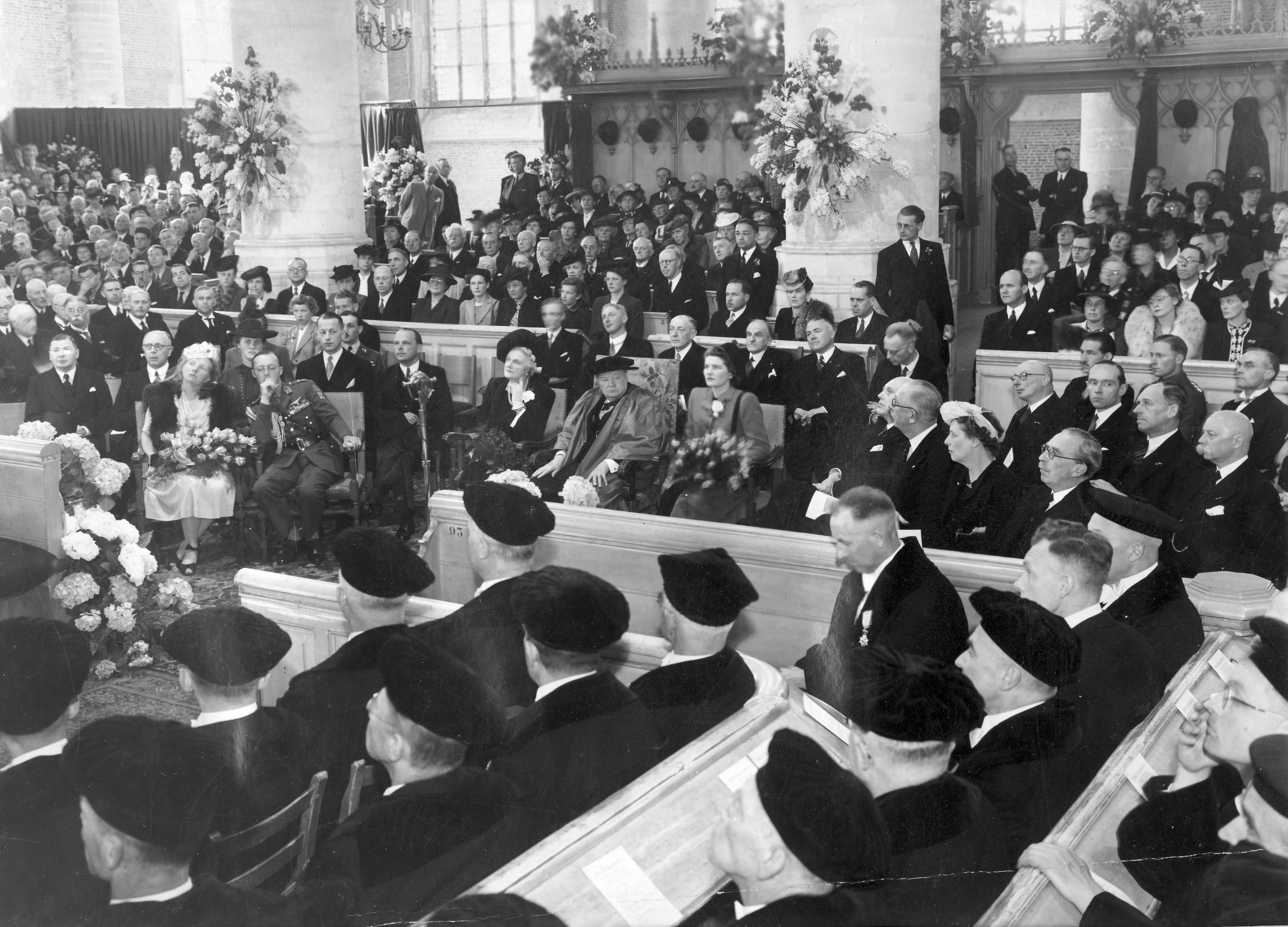 Winston Churchill receiving a honorary degree from the Leiden University at the Pieterskerk church, Leiden, the Netherlands, 1946