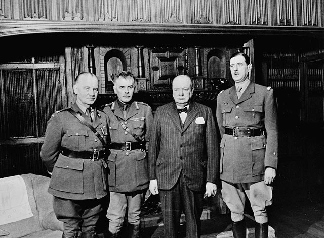 Polish General Wladyslaw Sikorski, Canadian General Andrew McNaughton, British Prime Minister Winston Churchill, and French General Charles de Gaulle, 1941