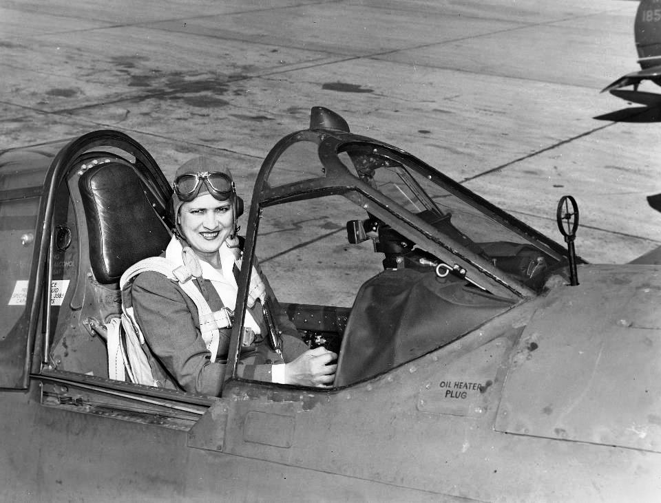 Jackie Cochran in the cockpit of P-40 Warhawk fighter, circa 1942-1945