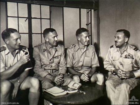 Members of the Australian Mission Group at the Japanese surrender talks, Japan, 20 Aug 1945; left to right: Cdre John Collins, Lt Gen Frank Berryman, Capt Roy Dowling, Air Cdre Raymond Brownell