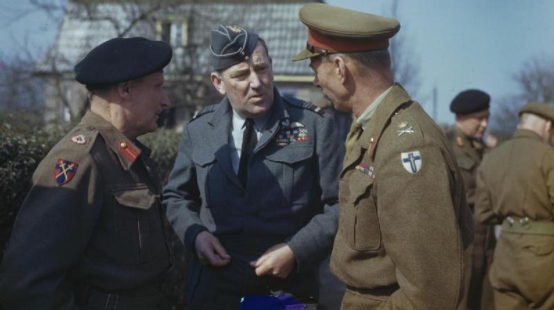 Bernard Montgomery, Arthur Coningham, and Miles Dempsey in conversation, Walbeck, Germany, 22 Mar 1945