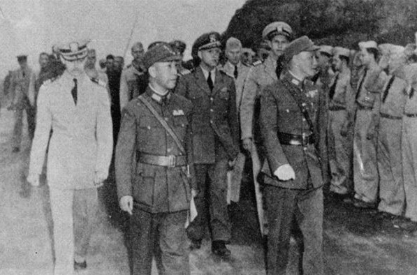 Chiang Kaishek, Dai Li, and others during an inspection of a military police training camp, Chongqing, China, 1940s, photo 1 of 3