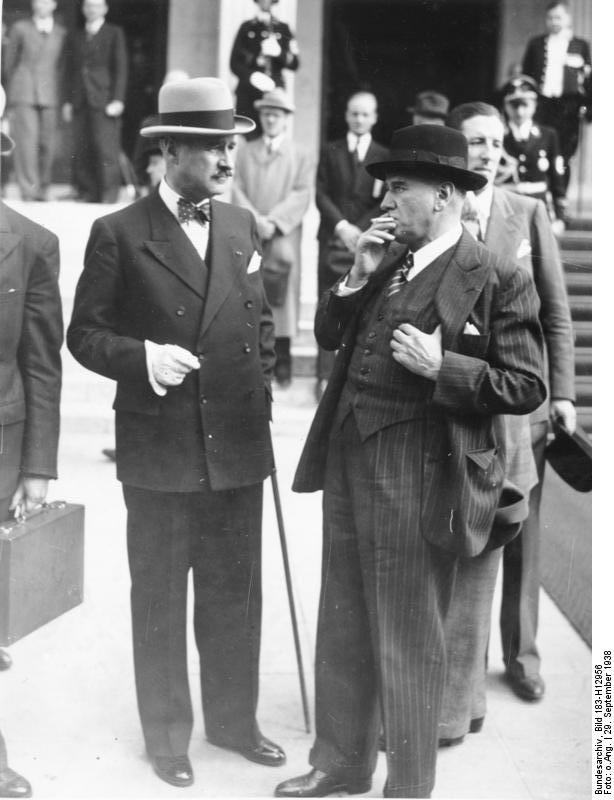Prime Minister Daladier and Ambassador Francois-Poncet speaking during a break, Munich Conference, Germany, 30 Sep 1938