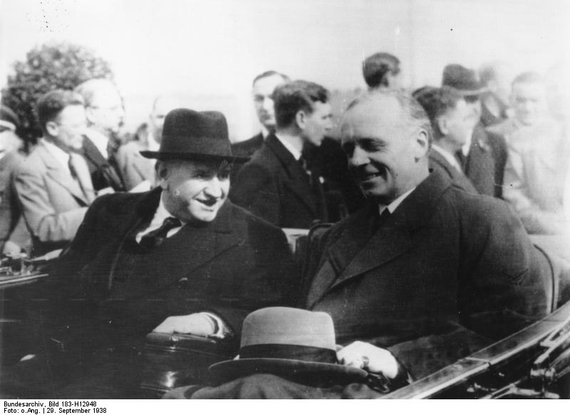 French Prime Minister Daladier and German Foreign Minister Ribbentrop in transit from Oberwiesenfeld airfield to Munich, Germany for the Munich Conference, 29 Sep 1938