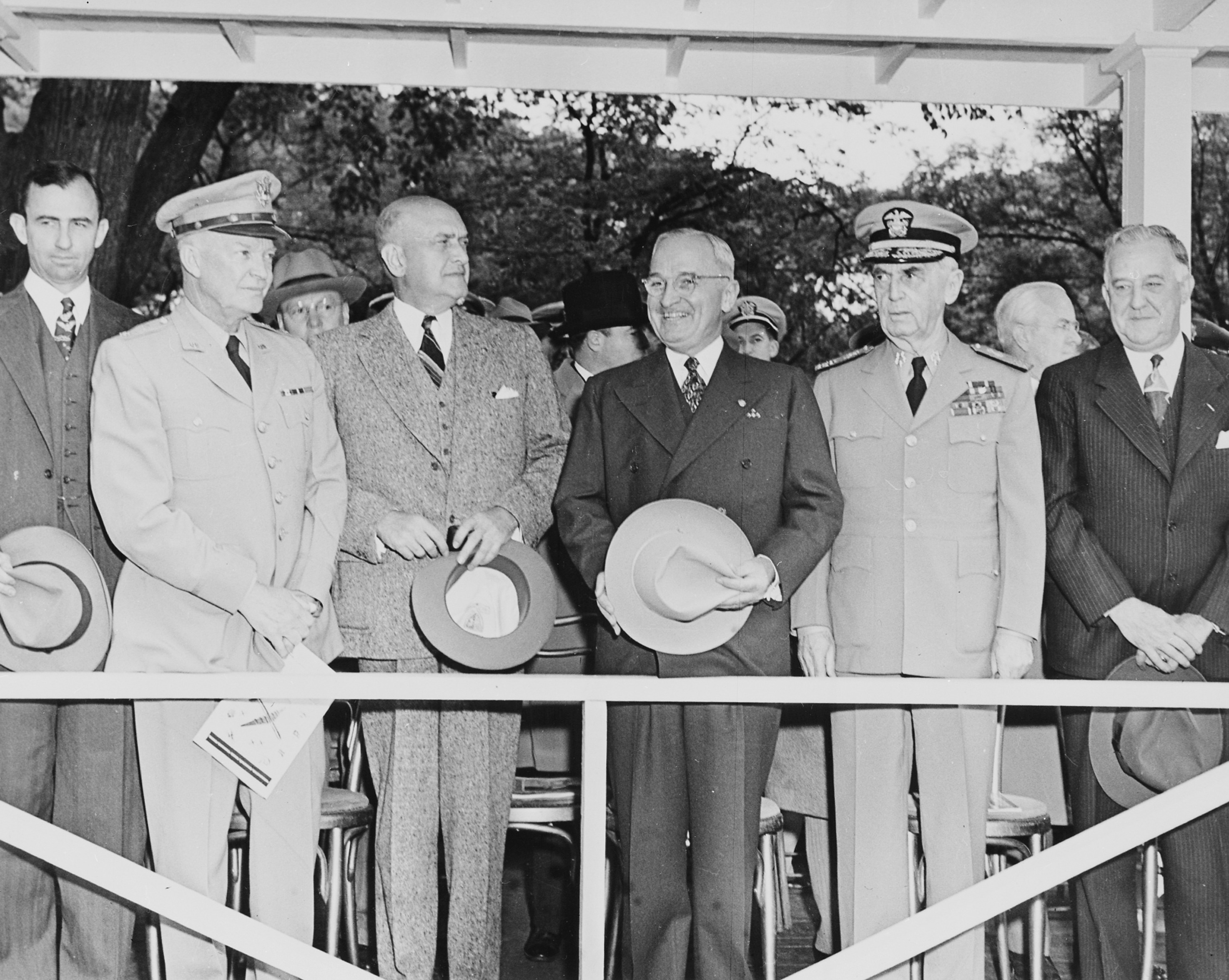 General Dwight Eisenhower, US Secretary of Defense Louis Johnson, US President Harry Truman, and Admiral William Leahy at the Arm Forces Day parade, 20 May 1950, photo 2 of 2