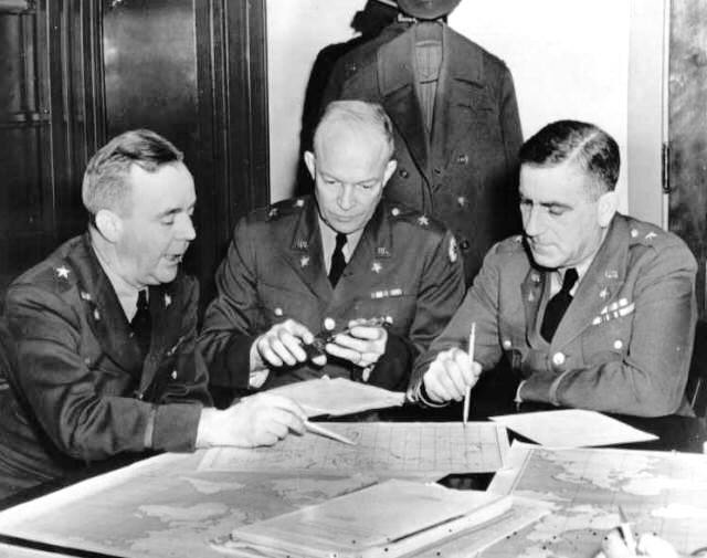 US Army Brigadier General Crawford, Brigadier General Eisenhower, and Chief of War Plans Division General Leonard Gerow, Washington, DC, United States, 26 Jan 1942