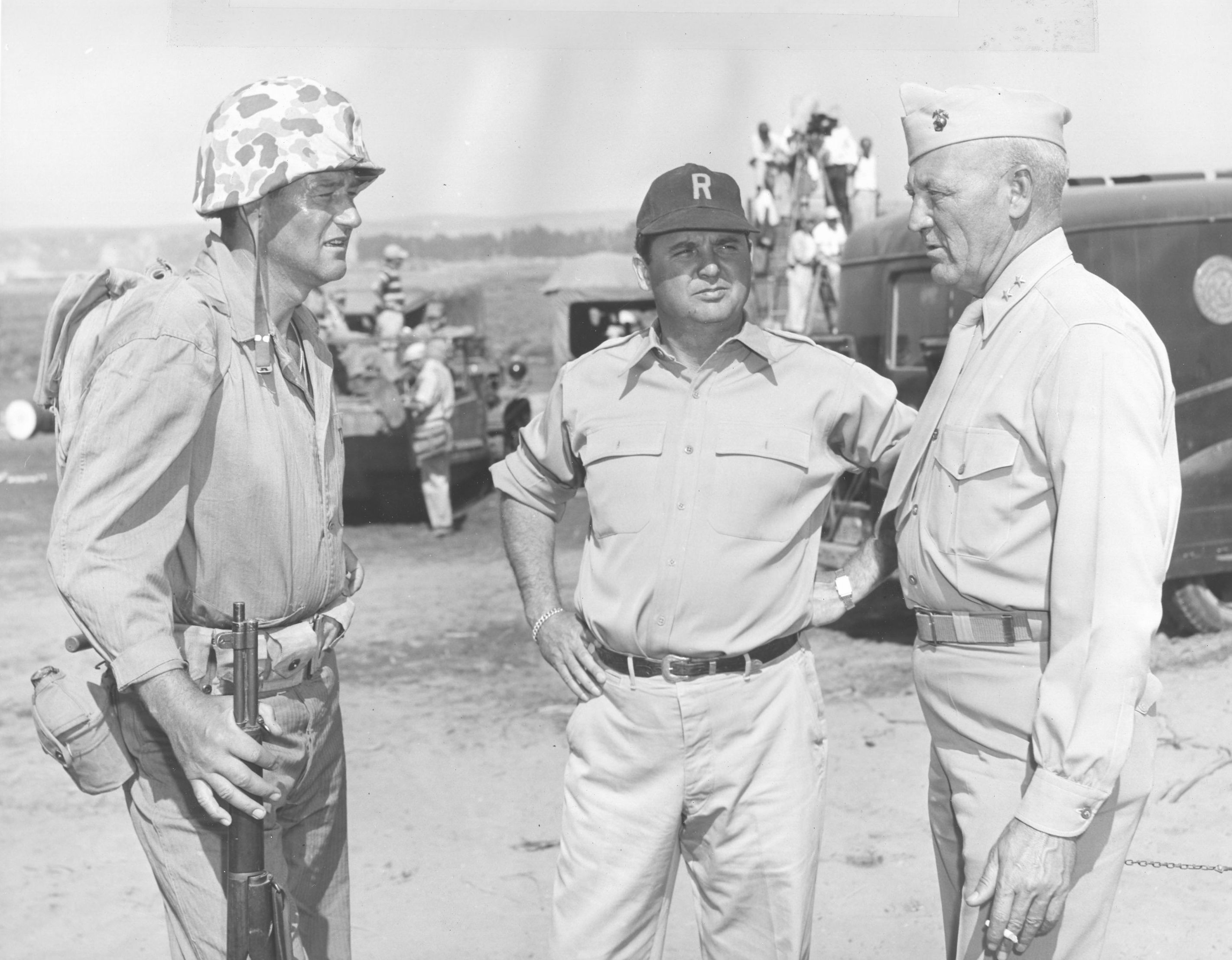 Actor John Wayne and Major General Graves Erskine during the filming of the movie Sands of Iwo Jima, 1 Jan 1949