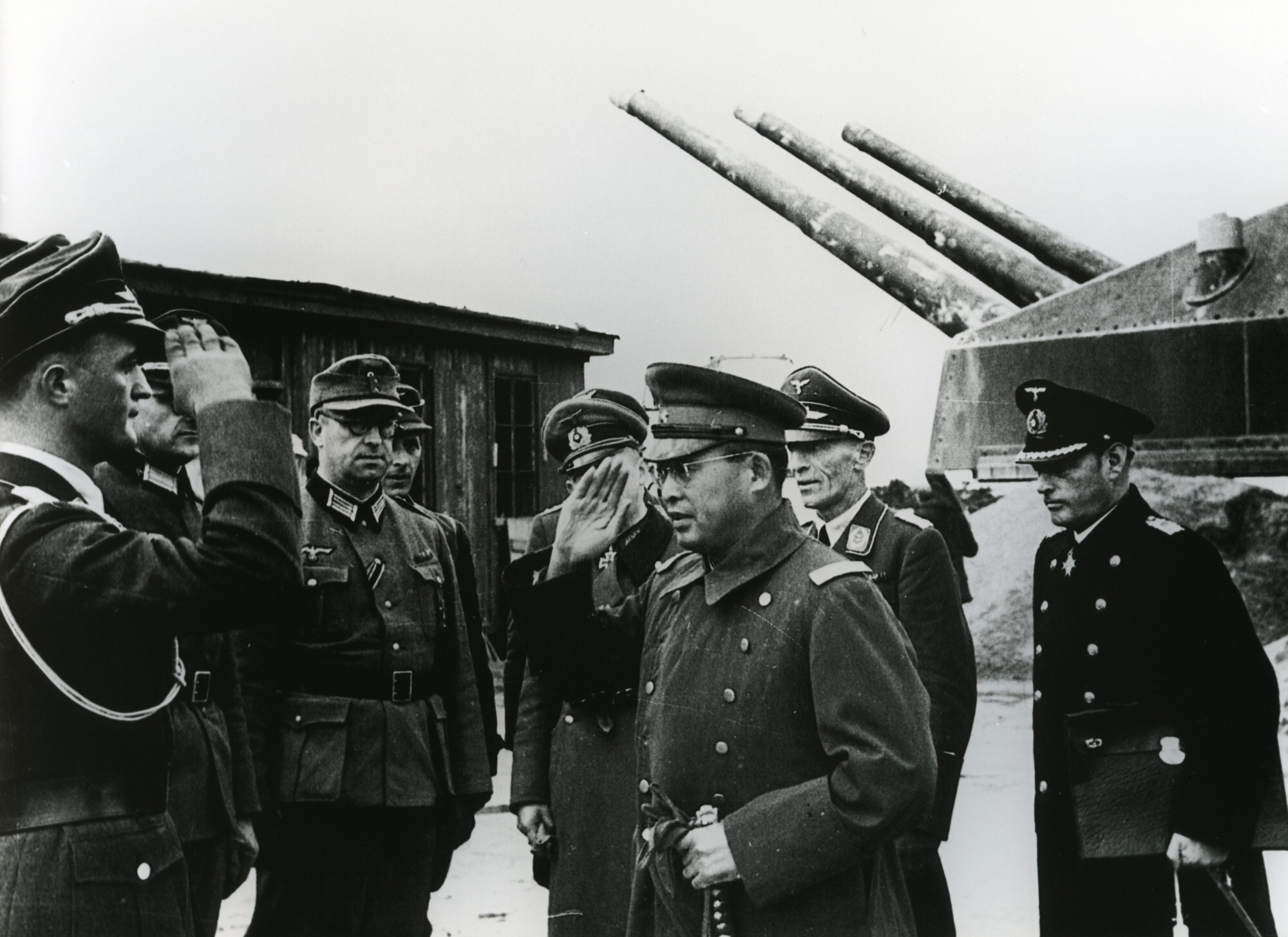 Japanese military attaché Makoto Onodera visiting the Fjell Festning fortification in Norway with Eberhard von Zedlitz, Robert Morath, and Nikolaus von Falkenhorst, 26 Dec 1942