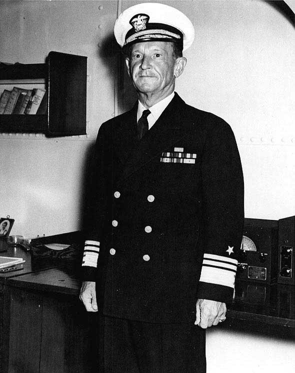 Vice Admiral Frank Jack Fletcher, commander of Task Force 61 in support of the Guadalcanal landings, aboard his flagship USS Saratoga, 17 Sep 1942. Photo 2 of 2.