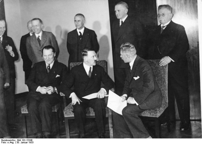 Adolf Hitler's cabinet, Berlin, Germany, 30 Jan 1933; front row: Göring, Hitler, Papen; back row: Krosigk, Frck, Blomberg, Hugenberg; photo 1 of 2