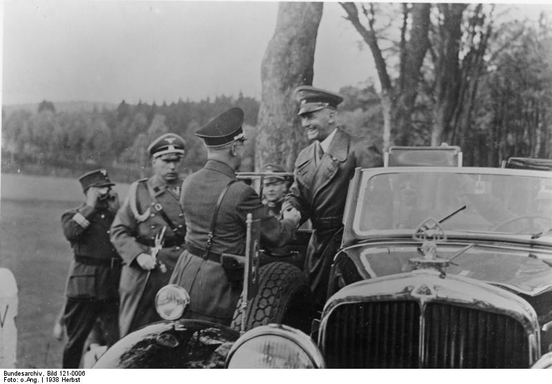 Gauleiter Konrad Henlein welcoming Prussian Interior Minister Wilhelm Frick to Sudetenland, Czechoslovakia, 23 Sep 1938