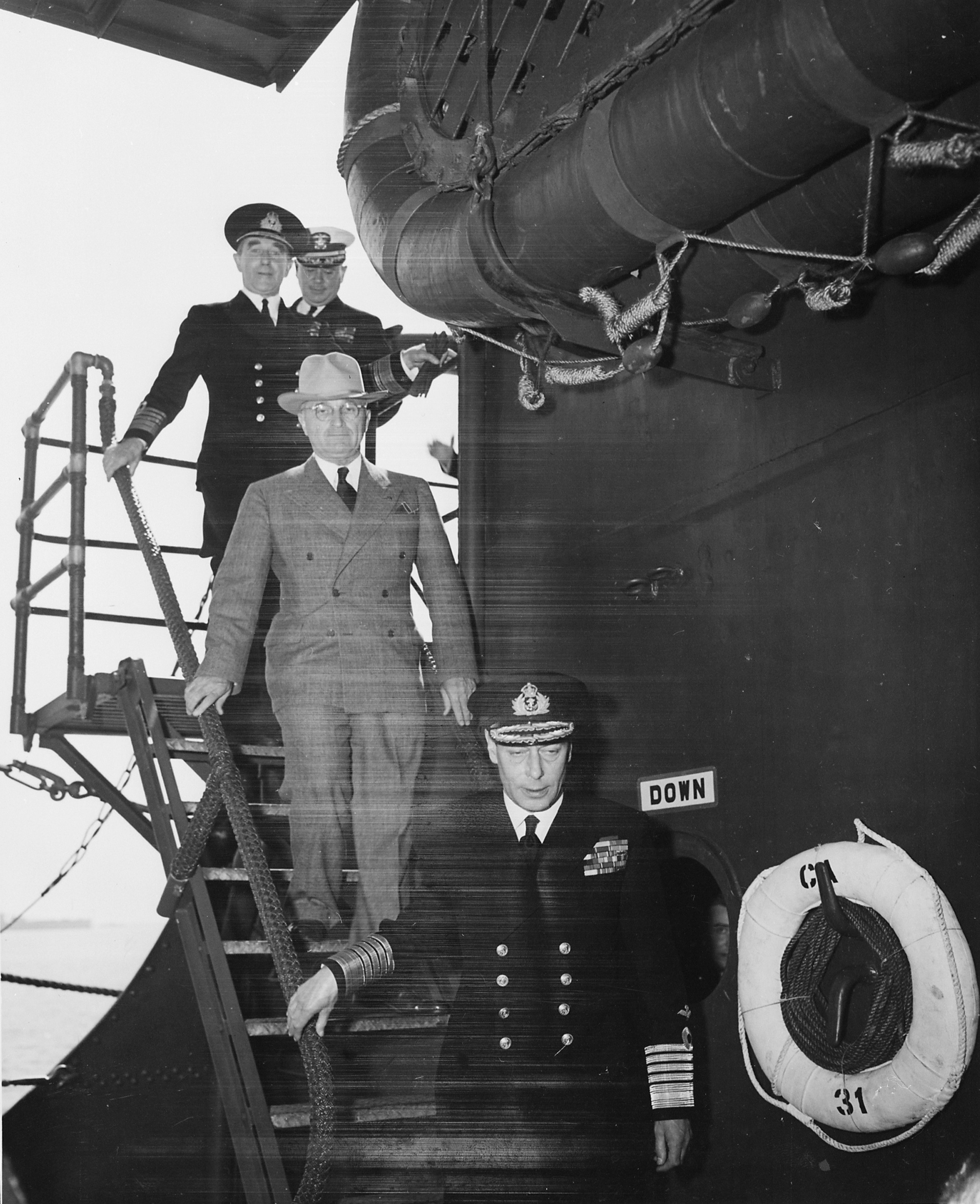 US President Harry Truman and King George VI of the United Kingdom aboard USS Augusta, Plymouth, England, United Kingdom, 2 Aug 1945, photo 1 of 2