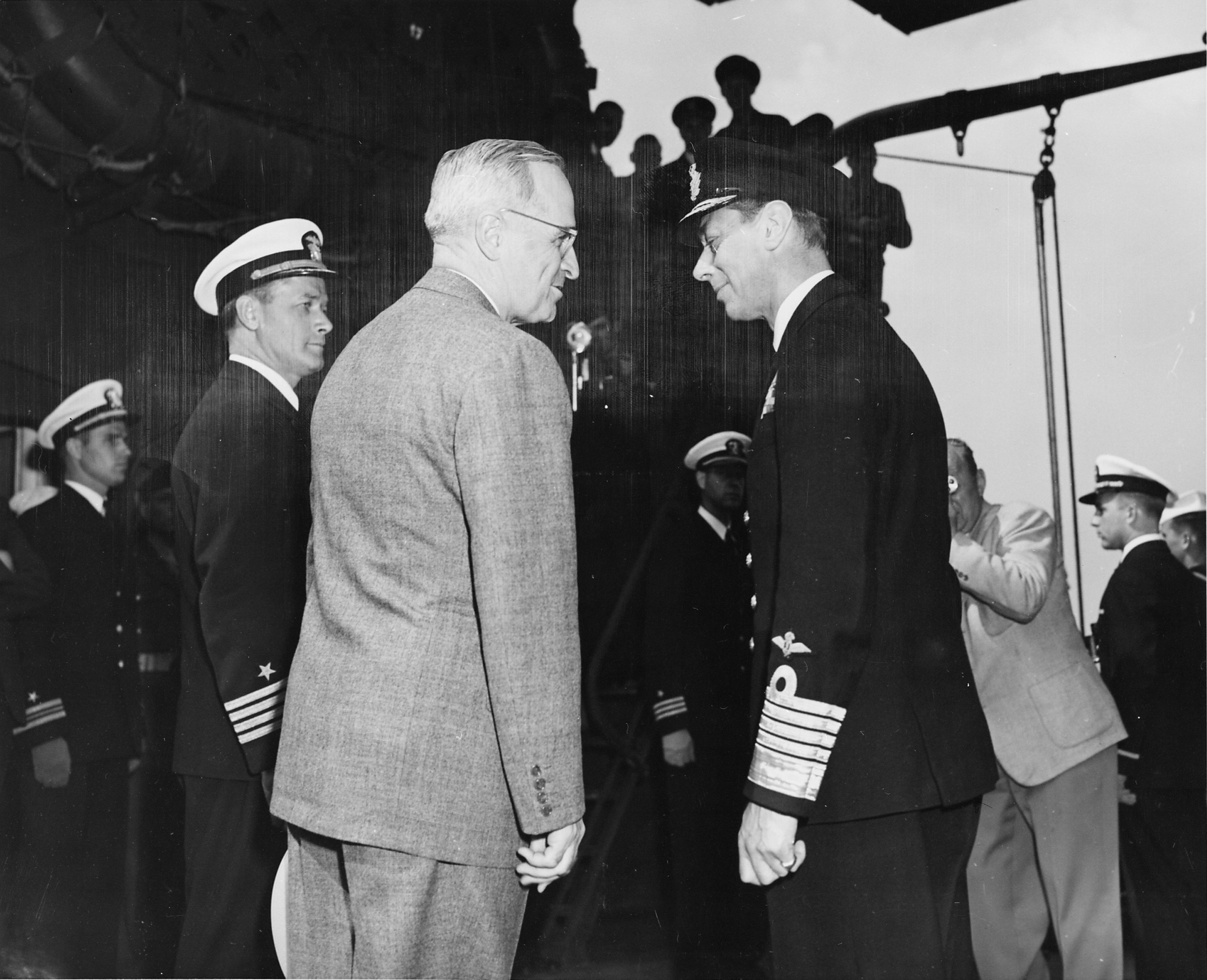 US President Harry Truman and King George VI of the United Kingdom aboard USS Augusta, Plymouth, England, United Kingdom, 2 Aug 1945, photo 2 of 2