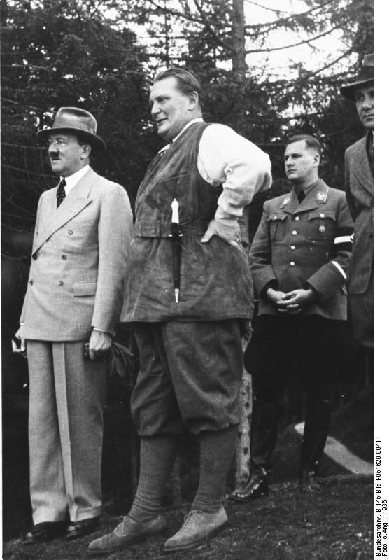Adolf Hitler, Hermann Göring, and Baldur von Schirach at or near Kehlsteinhaus (Eagle's Nest), Berchtesgaden, Bavaria, Germany, 1936; photo 1 of 2