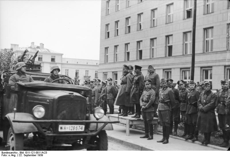 German Army Lieutenant General Heinz Guderian and Russian Army Brigadier General Semyon Krivoshein during the victory parade in Brest, Poland, 22 Sep 1939, photo 2 of 2