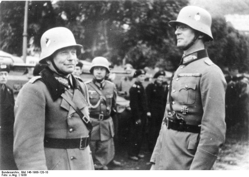 German generals Heinz Guderian and Reinhardt at Karlovy Vary (German: Karlsbad) in the Sudetenland region of occupied Czechoslovakia, circa Oct 1938