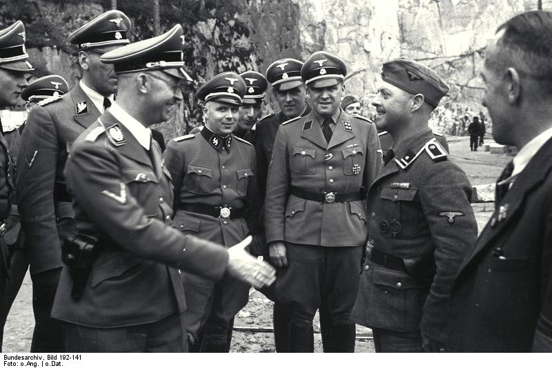 Heinrich Himmler meeting a man at the rank of SS-Obersturmführer, Mauthausen Concentration Camp, Austria, 27 Apr 1941