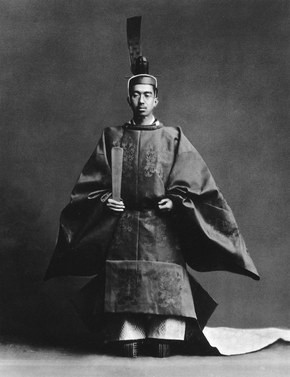 Emperor Showa (Hirohito) during his coronation ceremony, dressed in the robes of the high priest of State Shinto, 10 Nov 1928