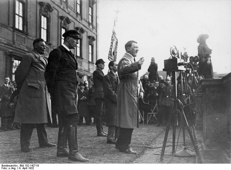 Adolf Hitler speaking at the Berliner Schloss at Lustgarten during the German Presidental Election of 1932, Berlin, Germany, 4 Apr 1932; note Goebbels next to Hitler