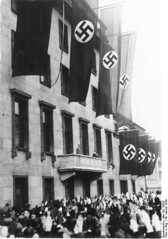Adolf Hitler on the balcony of the Reich Chancellery, Berlin, Germany, 30 Jan 1938