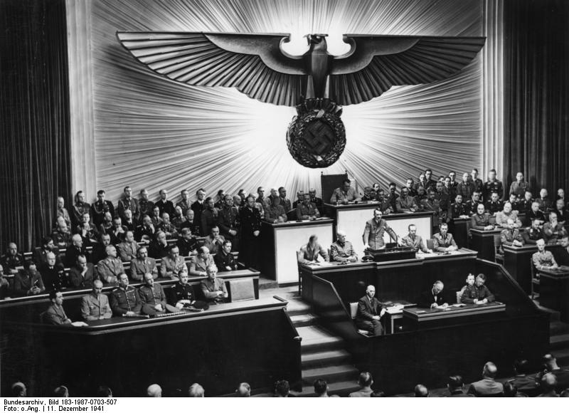 Adolf Hitler declaring war on the United States at the German Reichstag, Berlin, Germany, 11 Dec 1941, photo 2 of 2