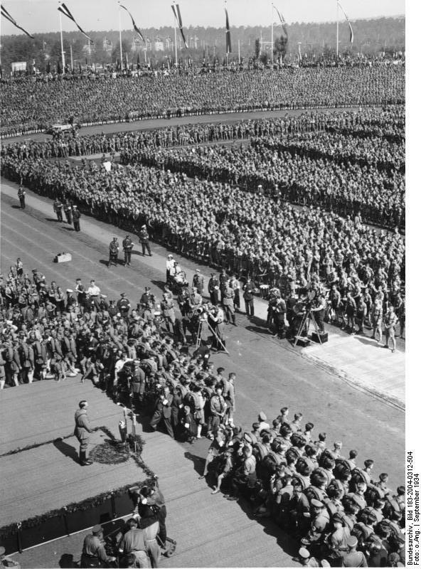 Adolf Hitler speaking before a Nazi Party rally at Nürnberg, Germany, 5-10 Sep 1934