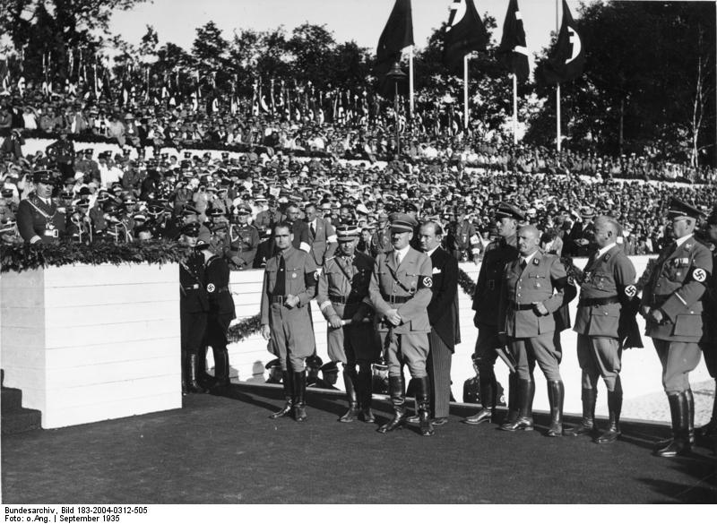 Rudolf Heß, Adolf Hitler, and Julius Streicher at a Nazi Party rally, Nürnberg, Germany, 10-16 Sep 1935