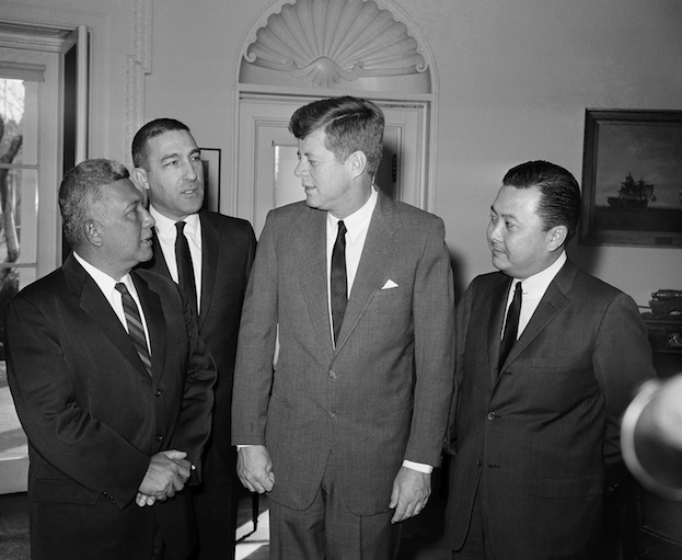 US President John Kennedy, Senator Daniel Inouye, and others, White House, Washington DC, United States, 1963