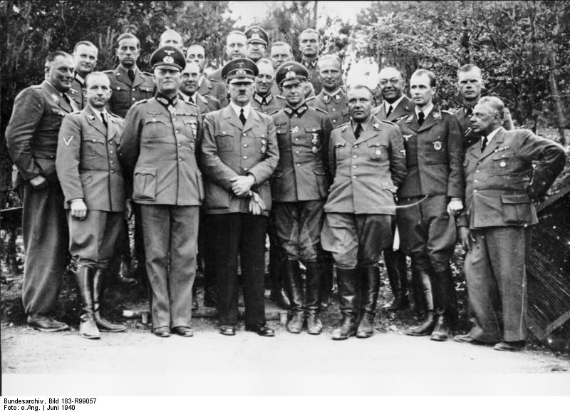 Adolf Hitler with his staff including Keitel, Jodl, Bormann, and others at Wolf's Lair, Rastenburg, East Prussia, Germany, Jun 1940