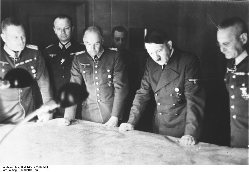 Hitler at a briefing at Brauchitsch's headquarters, circa 1940-1941; Keitel and Halder also present