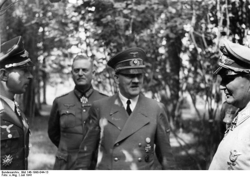Adolf Hitler flanked by Werner Mölders, Wilhelm Keitel, and Hermann Göring, Wolf's Lair, Rastenburg, East Prussia, Germany, 25 Jul 1941