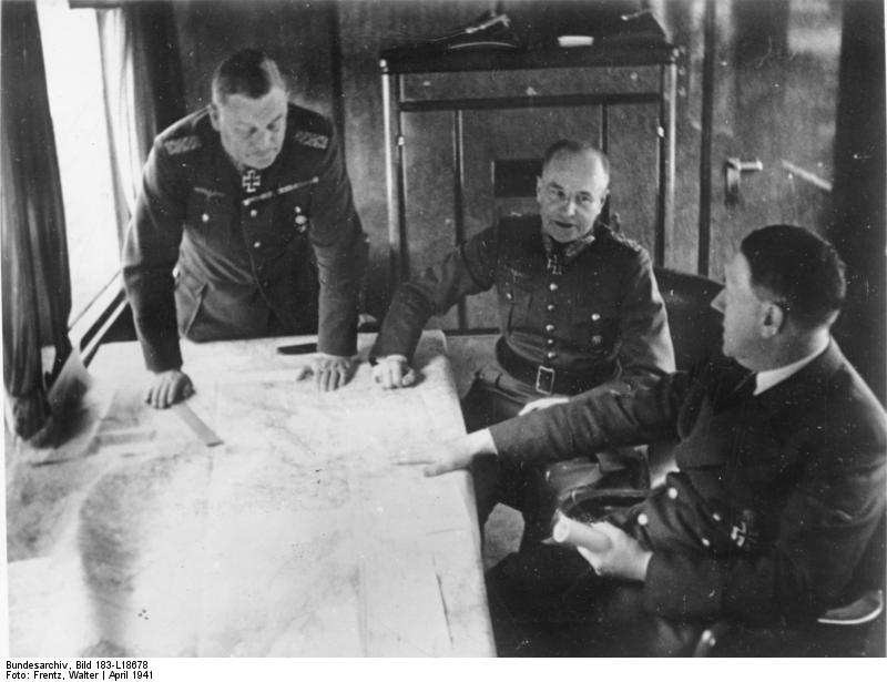 Wilhelm Keitel, Walther von Brauchitsch, and Adolf Hitler in meeting in Hitler's personal train, Apr 1941
