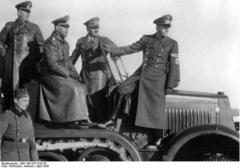 Keitel, Hitler, and Speer observing the field during a weapons demonstration, circa 6 Apr 1943