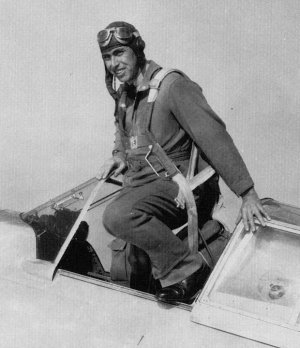 1st Lieutenant Benjamin Kelsey exiting the cockpit of a P-36A aircraft, Wright Field, Ohio, United States, circa Apr 1938