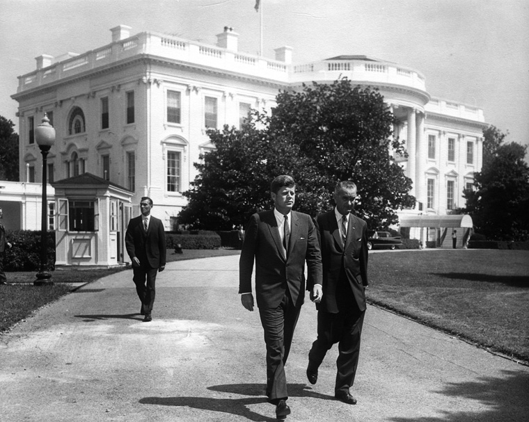 US President John Kennedy and Vice President Lyndon Johnson at the South Lawn of the White House, Washington DC, United States, 31 Aug 1961
