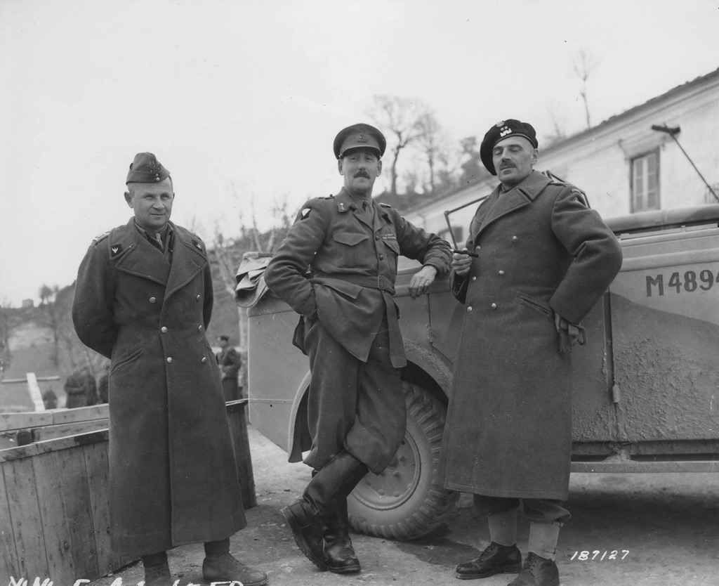 Brigadier General Boleslaw Duch, Lieutenant General Oliver Leese, and General Wladyslaw Anders, near Cassino, Italy, 17 Feb 1944