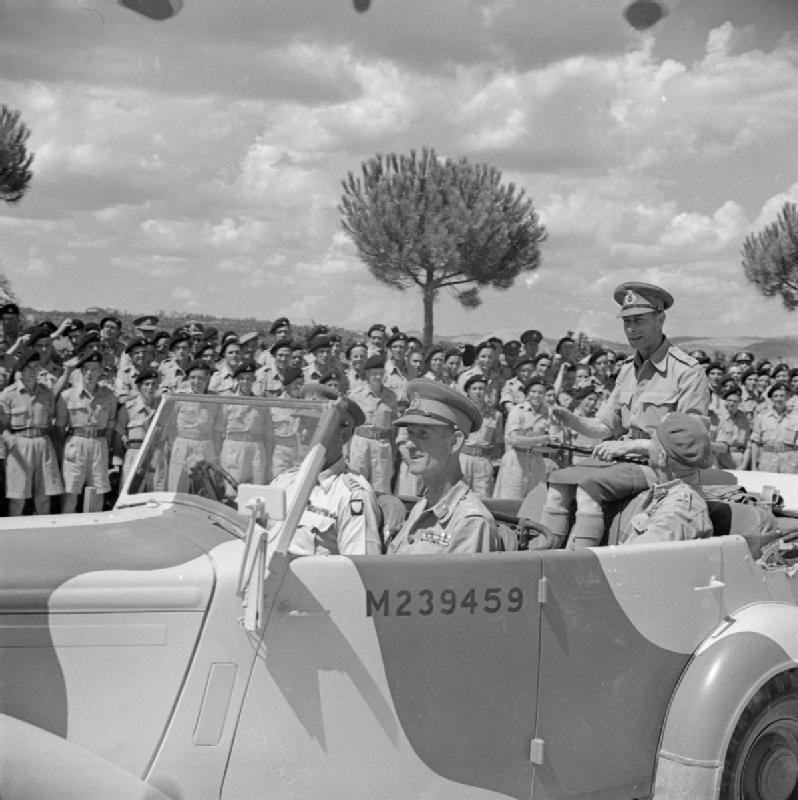 King George VI inspecting troops at Perugia, central Italy with Oliver Leese and Richard McCreery, 25 Jul 1944
