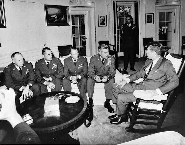 US Air Force Chief-of-Staff General Curtis LeMay meeting with President John F. Kennedy along with the U-2 pilots who photographed Soviet missiles on Cuba, sparking the Cuban Missile Crisis, 1962