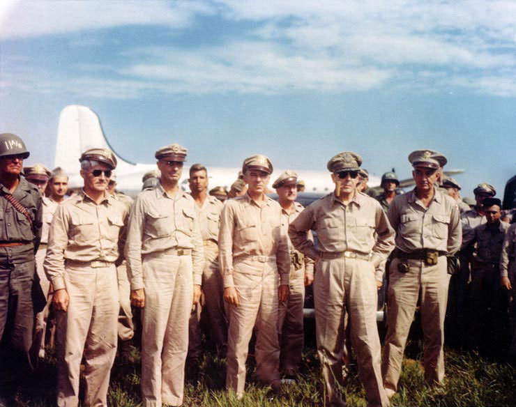 Douglas MacArthur arriving at Atsugi Airfield near Tokyo, Japan, 30 Aug 1945; note Major General Joseph Swing, Lieutenat General Richard Sutherland, and General Robert Eichelberger