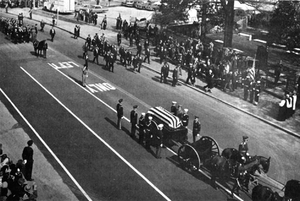 Funeral procession of Douglas MacArthur halting outside of St. Paul's Episcopal Church, Norfolk, Virginia, United States, 9 Apr 1964