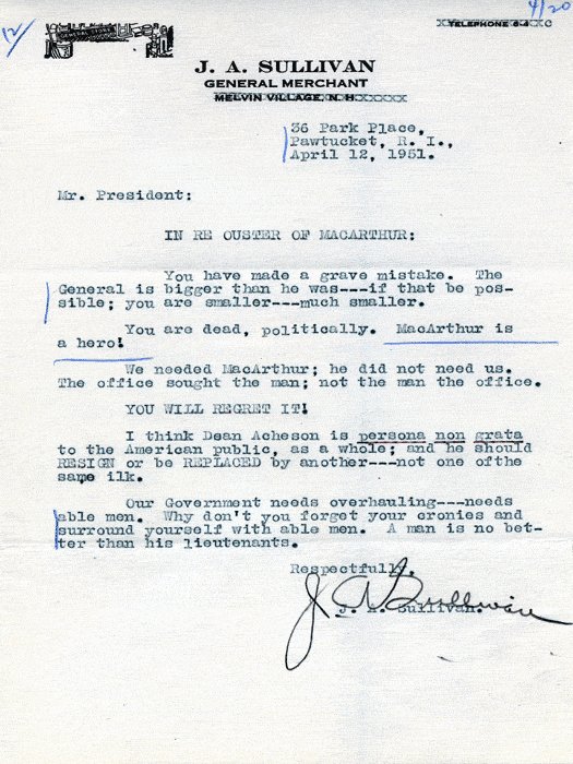 A letter from J. A. Sullivan to Harry Truman protesting the firing of Douglas MacArthur, 12 Apr 1951