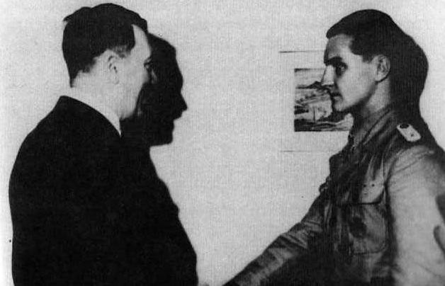 Adolf Hitler and Hans-Joachim Marseille at Wolfsschanze headquarters, Rastenburg, Germany, 28 Jun 1942